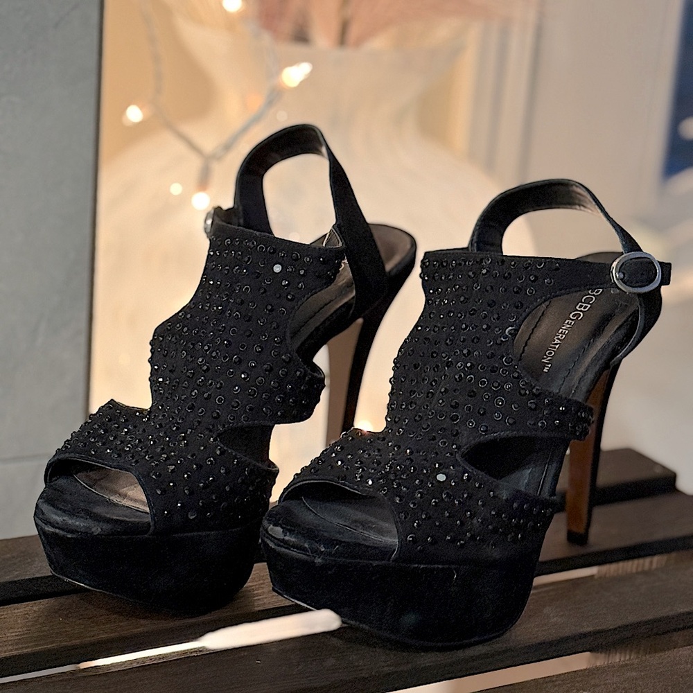 BCBG Elegant Black Heels with Rhinestone Detailing
